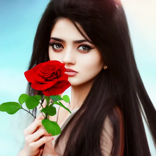 Image similar to young girl arabic oriental, black long hair, sharpe eyes very very beautiful, holding red rose high resolution 8 k, very detailed