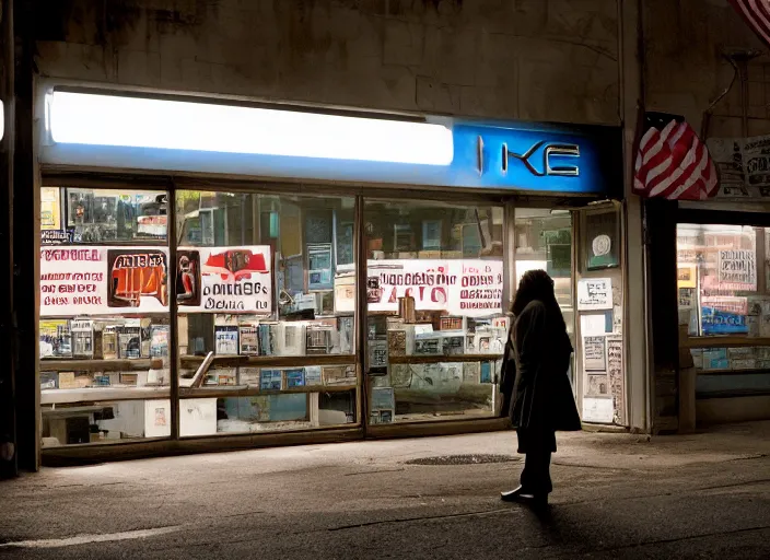 Prompt: cinematic shot of backlit windows of a narrow used electronics store where octavia spencer wanders the cramped messy aisles,, iconic scene from the paranoid thriller sci fi film directed by stanley kubrick, set in the near cyberpunk future, anamorphic cinematography, beautiful composition, color theory, leading lines, photorealistic, volumetric lighting