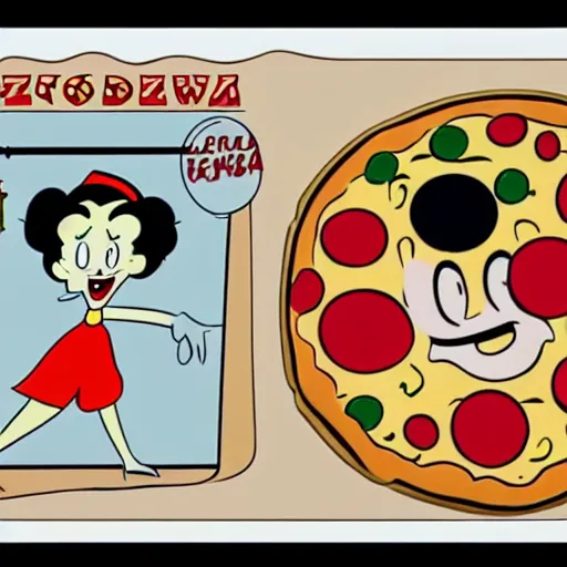 Image similar to 1 9 3 0 s cartoon pizza winks at oven, animation, cartoons, max fleischer, betty boop, cuphead, animation cel, still, freezeframe