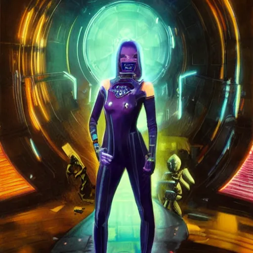 Image similar to pom klementieff as a cybernetic cyberpunk dream thief, painted by howard david johnson and james gurney