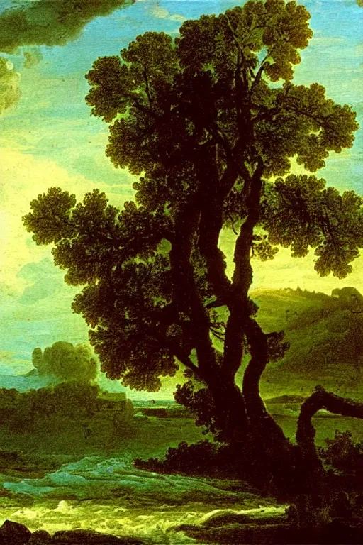 Image similar to oil painting of a old tree next to a raging river by claude lorrain