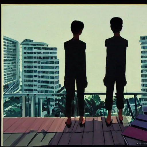 Image similar to art of two singapore students on the roof of a hdb flat, by syd mead