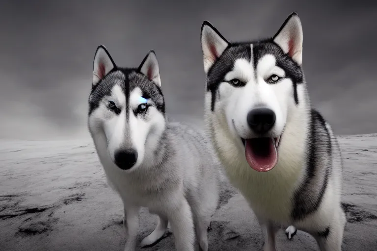 Prompt: a scenic photograph of a redeyed and very scary! husky with red!!! eyes, drooling, looking away from the camera. the whole husky is visible in frame. anatomically correct husky. polar setting, wasteland background, ominous sky. octane render, extreme detail, super symmetrical photograph, 8 k