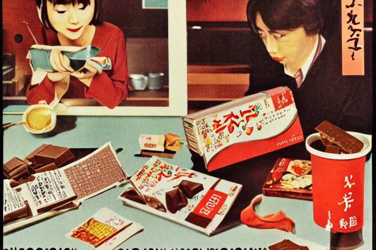 Image similar to chocolate advertisment, still life, 1 9 7 0 s japan shouwa advertisement, print, nostalgic