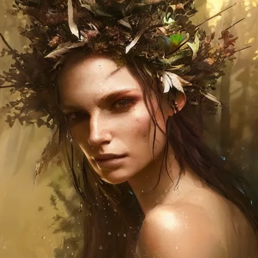 Image similar to a beautiful portrait of a forest goddess by Greg Rutkowski and Raymond Swanland, Trending on Artstation, ultra realistic digital art