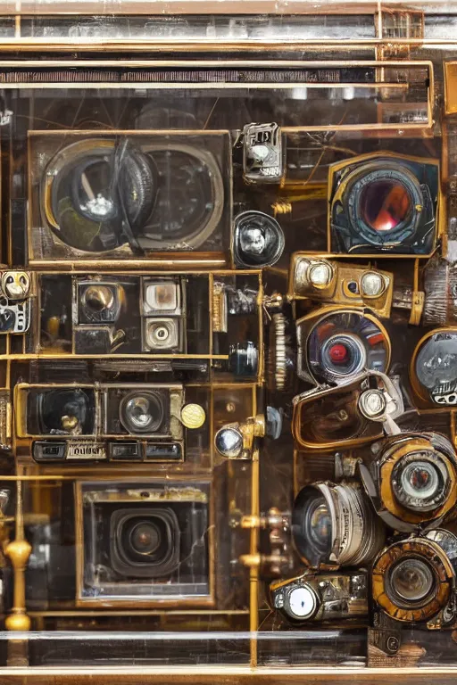 Image similar to a photo taken by someone who doesn't know how to use a camera, the most complex kodak camera ever made with vacuum tubes, capacitors and coils inside, through a dirty store window by Wes Anderson, grungy, weathered Ultra detailed, hyper realistic, 4k