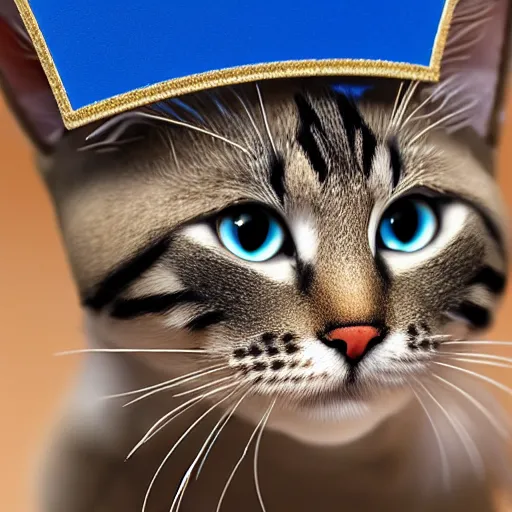 Image similar to toy cat wearing a blue crown , HD , 4k