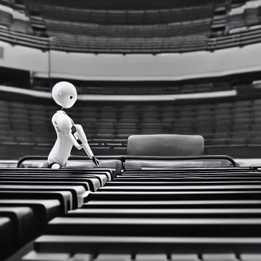 Prompt: a plain slender humanoid robot playing a piano in a large empty concert hall. Distance shot, spotlight, dramatic lighting, award winning photo, serious mood, trending