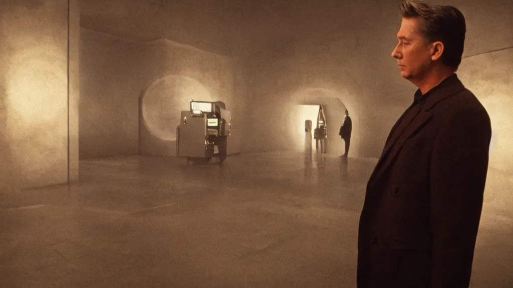 Prompt: movie scene of a man standing in front of a multiverse machine, movie still, cinematic composition, cinematic light, pastel color scheme, by david lynch and andrzej zuławski