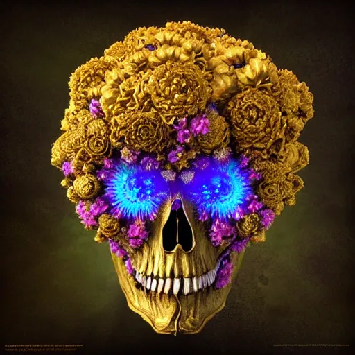 Prompt: fractal golden skull face with an afro made of flowers, third eye art art by machina infinitum, infinite intricacy, rendered in octane, mandelbulb 3 d, ambient occlusion, macro photography, black opal