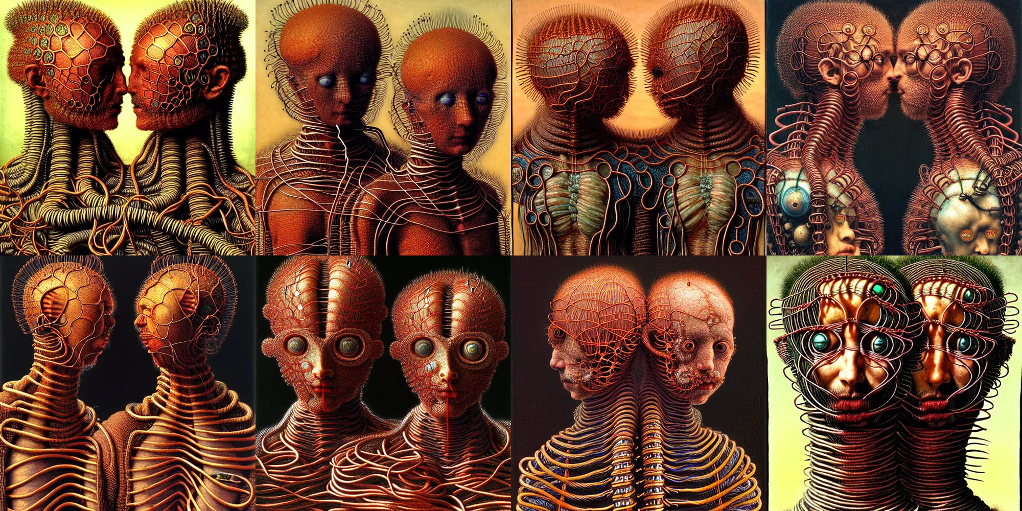 Prompt: fully featured siamese twins made of colored electrical wires, intricate armor made of fractal coils of copper wire, highly detailed, by giuseppe arcimboldo and ambrosius benson, ( renaissance ), ( beksinski ), realistic, high definition