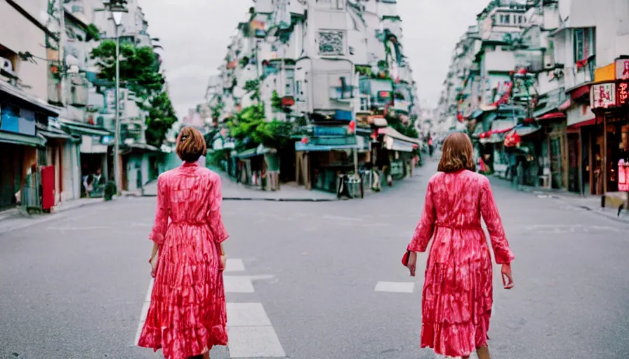Image similar to a 3 5 mm photo by petra collins of a beautiful day in a city that looks like toyko, paris, kyoto and jiufen, cinematic lighting, cinematic look, golden hour, the clouds are epic and colorful with cinematic rays of light, a girl walks down the center of the street in a gucci dress, uhd