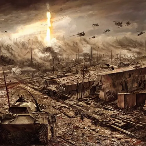 Image similar to hyper realism, realistic apocalyptic war scene