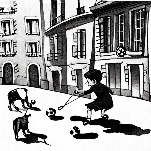 Image similar to book illustration of a french boy on the streets of paris playing football against a corgi, the dog is wearing a polka dot scarf, 1 9 6 6