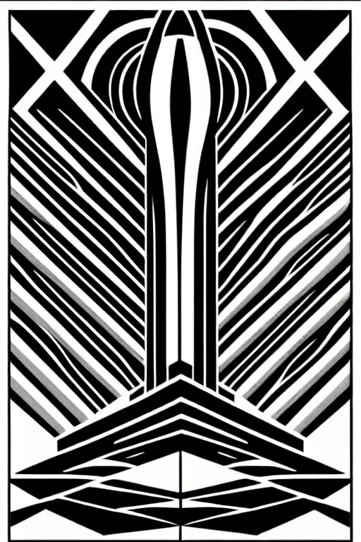 Prompt: art deco, line art by james o barr and albrecht durer, minimalist, surreal woodblock print, black and white, vector, vector art