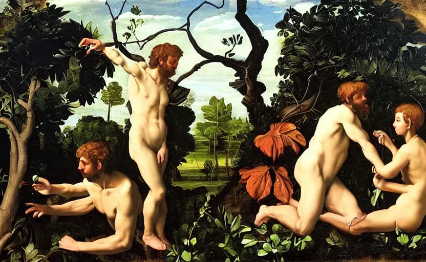 Prompt: adam and eve eating a big mac in the garden of eden by caravaggio, highly detailed, intricate details, oil painting, deep impasto