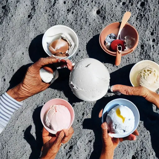 Prompt: an group of elderly people on the surface of the moon, 🌕, 🍦, eating ice - cream, canon eos r 3, f / 1. 4, iso 2 0 0, 1 / 1 6 0 s, 8 k, raw, unedited, symmetrical balance, wide angle