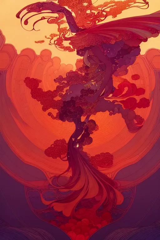 Prompt: a beautiful hyperdetailed character design 4 k wallpaper illustration of a huge reddish phoenix by victo ngai and mucha, denoise, deblurring, artgerm, xision, james jean, ross tran, chinese style