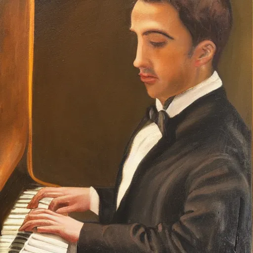 Prompt: oil painting of a 3 0 year old man playing the pino front facing his hands are covered by the piano medium tone skin, he is facing front