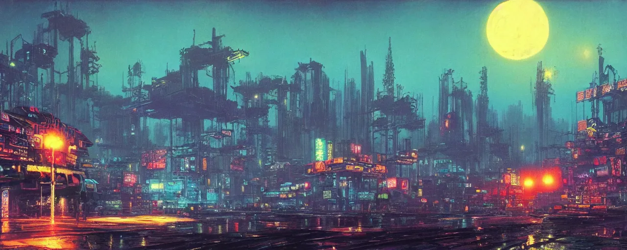 Image similar to awe inspiring bruce pennington cyberpunk landscape, digital art painting of 1 9 6 0 s, japan at night, 4 k, matte