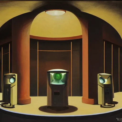 Prompt: three brutalist robotic judges with glowing eyes, inside a dome, pj crook, grant wood, edward hopper, syd mead, chiaroscuro, oil on canvas