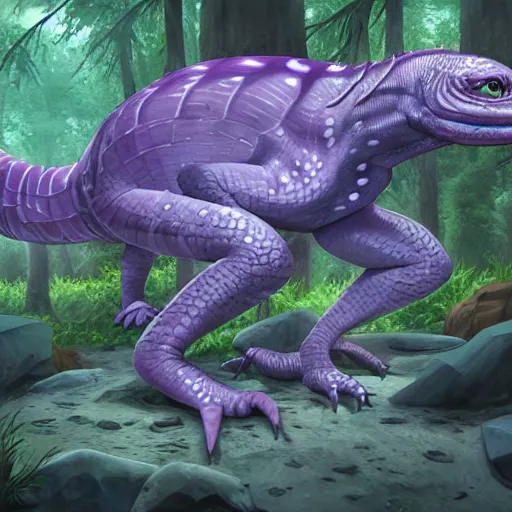 Prompt: concept art painting of an anthropomorphic purple gray reptile hybrid creature, in the deep forest, realistic, detailed, cel shaded, in the style of makoto shinkai and greg rutkowski and james gurney