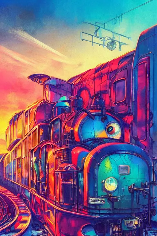 Image similar to trains covered in dripping colorful graffiti paint, painterly, james jean, yoshitaka amano, hiroshi yoshida, moebius, loish, artgerm, painterly, symmetrical, ultra detailed, hyper realistic, illustration, sunset lighting