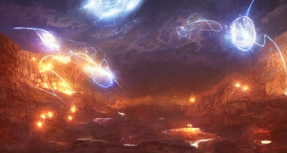 Image similar to night, a lot of people and a spiral - shaped white luminous attractor is floating in grand canyon, concept art, art for the game, professional lighting, art