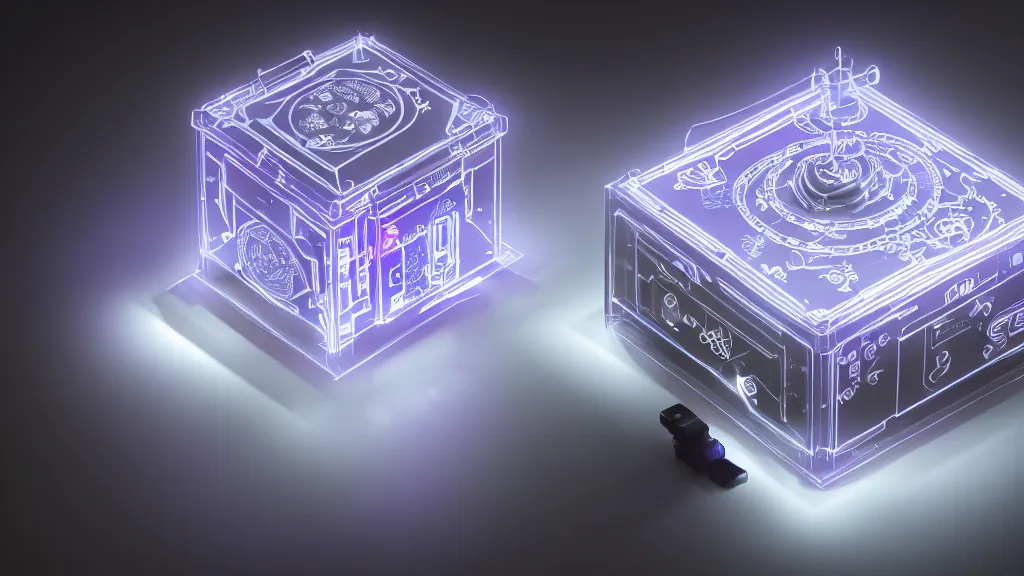 Prompt: a cyberpunk music box, white balance, hyperdimensional, 8 k, rim lighting, led, lumen global illumination, opaque, glowing, rubber, ray tracing reflections