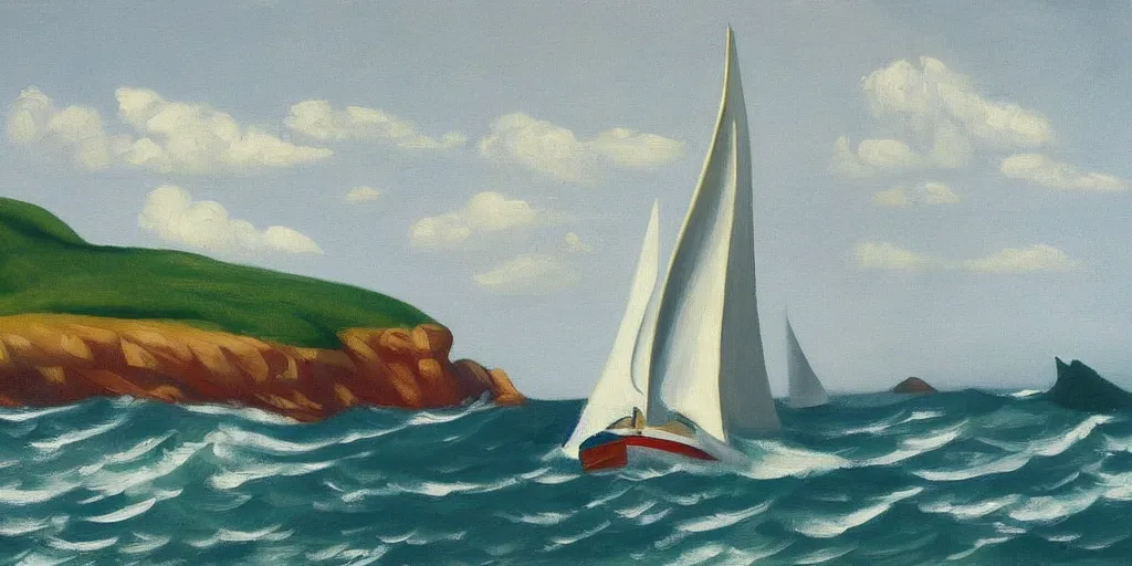 Image similar to sailboat style of edward hopper windy waves cliffs beautiful 8k painting