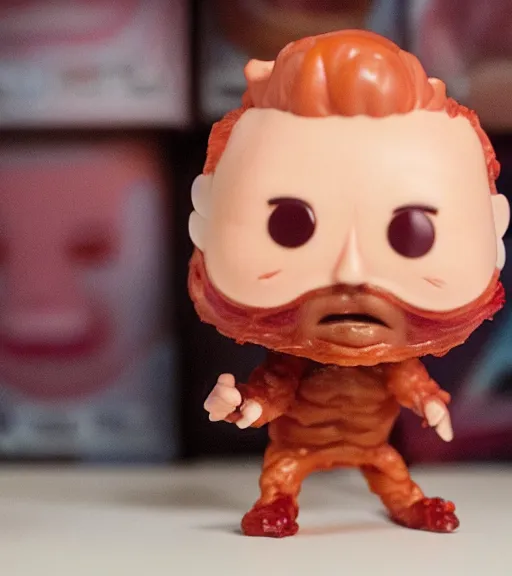 Image similar to funko pop character of joe biden in a bacon suit.