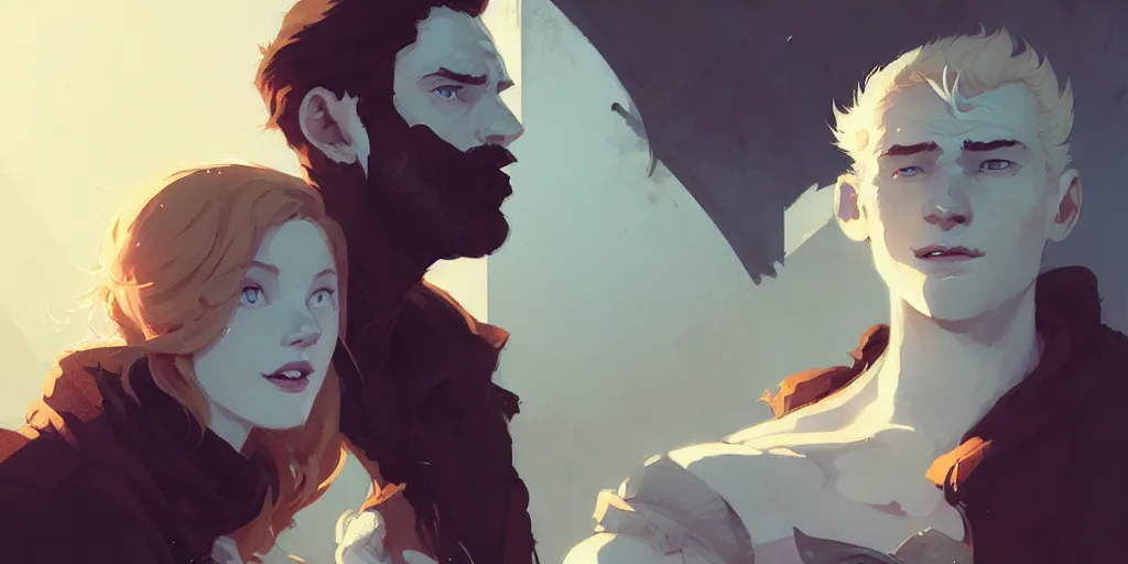 Image similar to portrait of cullen with a beautiful ginger woman he loves by atey ghailan, by greg rutkowski, by greg tocchini, by james gilleard, by joe fenton, by kaethe butcher, dynamic lighting, gradient light blue, brown, blonde cream and white color scheme, grunge aesthetic