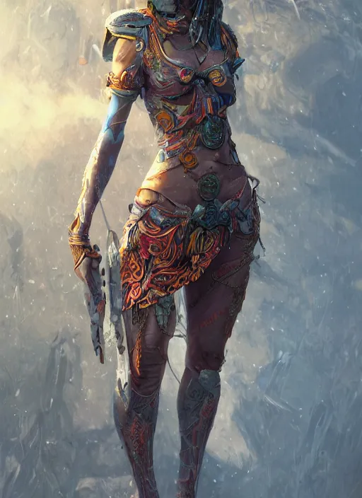 Image similar to detailed full body concept art illustration colorful oil painting of a beautiful 3d render of a female huntress in full intricate clothing, ultra detailed, digital art, octane render, 4K, dystopian, micro details, hyper realistic