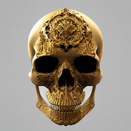 Image similar to human skull ornated, filigree, patina, gold, ornaments, 3 d design for tattoo, hyper maximalist, elegant, ornate, luxury, elite, symmetrical, unreal engine, 3 d design