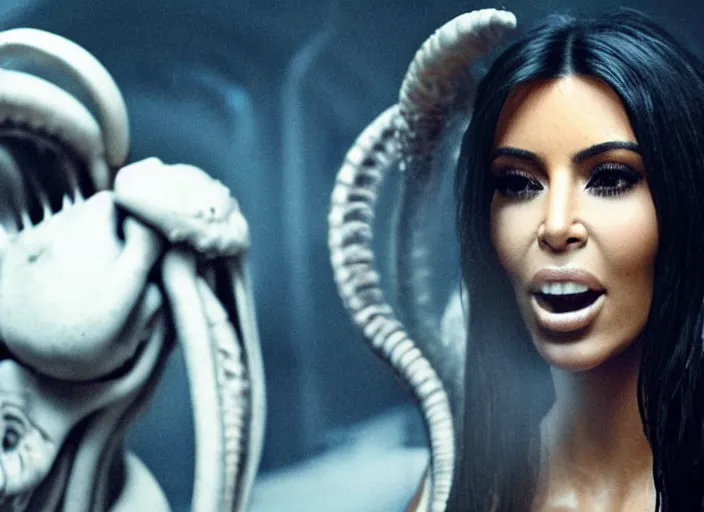 Image similar to film still of kim kardashian being ingested by an xenomorph, alien goo, transparent goo, transparent liquid, saliva, 8 k