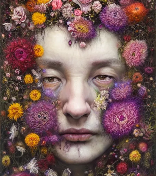 Prompt: portrait, stranger psycho, covered in flowers, horror, by michael page, alyssa monks, julie heffernan, glenn brown, naoto hattori, brian froud, nicola samori, paolo roversi, kilart, 8 k, hyper detailed, hyper realism, acrylic paint, surrealism.