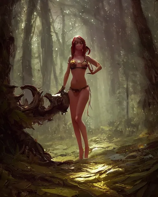 Prompt: A beautiful maid wearing a magical bikini posing in a magical forest, beautiful face, fantasy art, in the style of greg rutkowski, illustration, epic, fantasy, intricate, hyper detailed, artstation, concept art, smooth, sharp focus