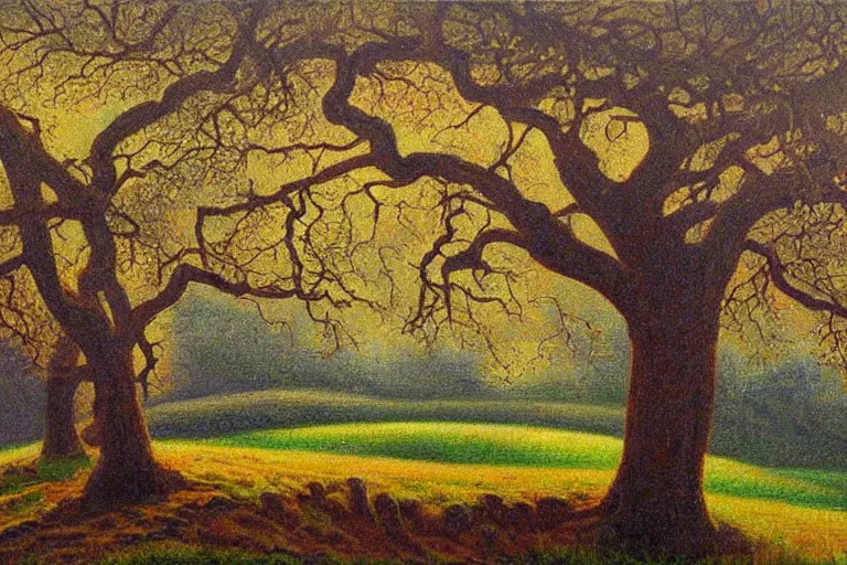 Prompt: masterpiece painting of oak trees on a hillside overlooking a creek, dramatic lighting, by kinuko craft