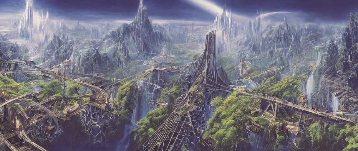 Prompt: A beautiful illustration of a futuristic city of bridges built on a world of waterfalls by Robert McCall and Ralph McQuarrie | sparth:.1 | Time white:.2 | Rodney Matthews:.2 | Graphic Novel, Visual Novel, Colored Pencil, Comic Book:.4 | unreal engine:.3 | | viewed from above | establishing shot:.7