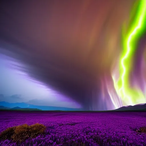 Image similar to amazing photo of a purple tornado in the sky by marc adamus, beautiful dramatic lighting