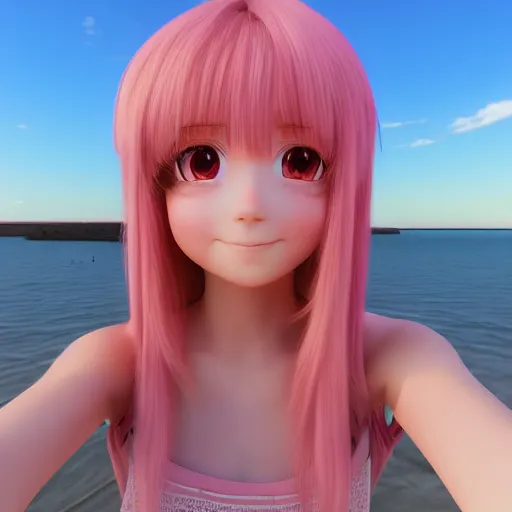 Image similar to Selfie render of a cute 3d anime girl, long pink hair, full bangs, hazel eyes, cute freckles, soft smile, golden hour, beach setting, medium shot, mid-shot, trending on Artstation,