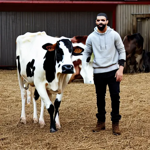 Image similar to drake, with a cow, at a dairy farm