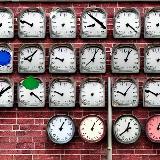 Image similar to recycling bins full of clocks on the street 4 k realistic