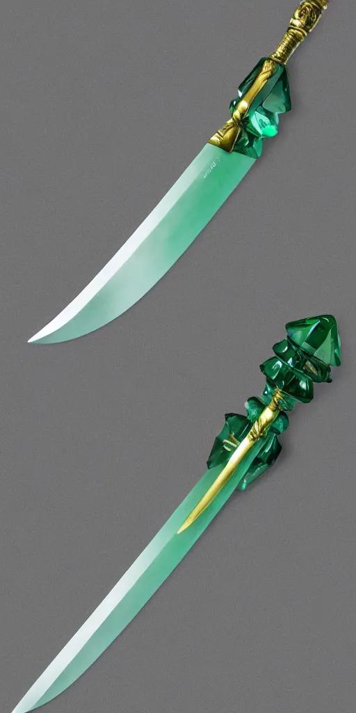 Image similar to photograph of a wide green and teal crystal double - edged sword blade attached to a big gold sword hilt