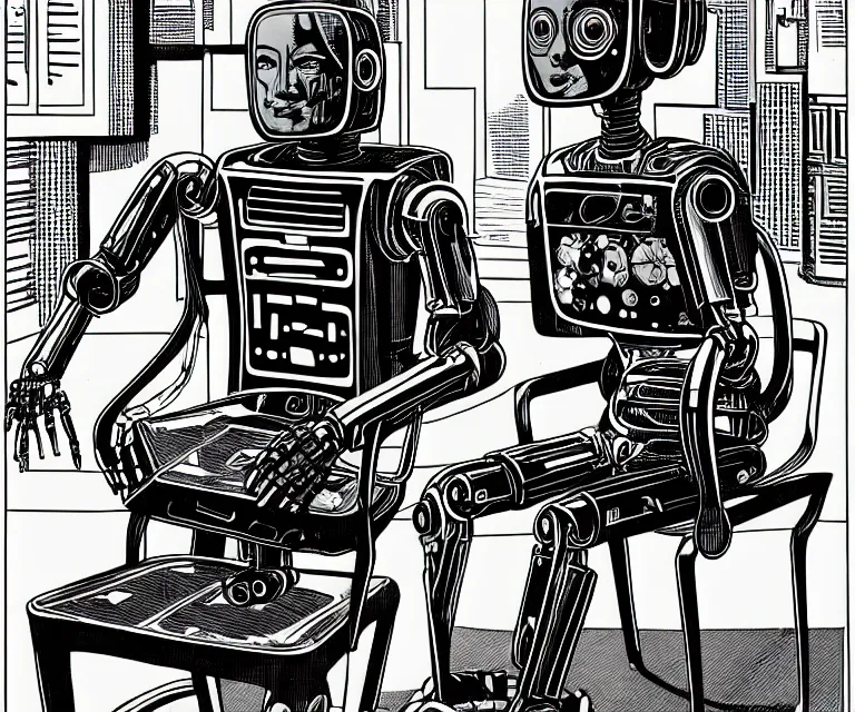 Image similar to robot wearing highly detailed hyperrealism neofuturistic cyberpunk neuralinterface is sitting on a chair, by wally wood and moebius