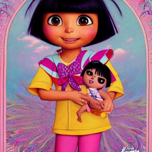 Prompt: dora the explorer as real girl in happy pose, detailed, intricate complex background, Pop Surrealism lowbrow art style, muted pastel colors, soft lighting, 50's looks by Mark Ryden,norman rockwell,mucha , artstation cgsociety