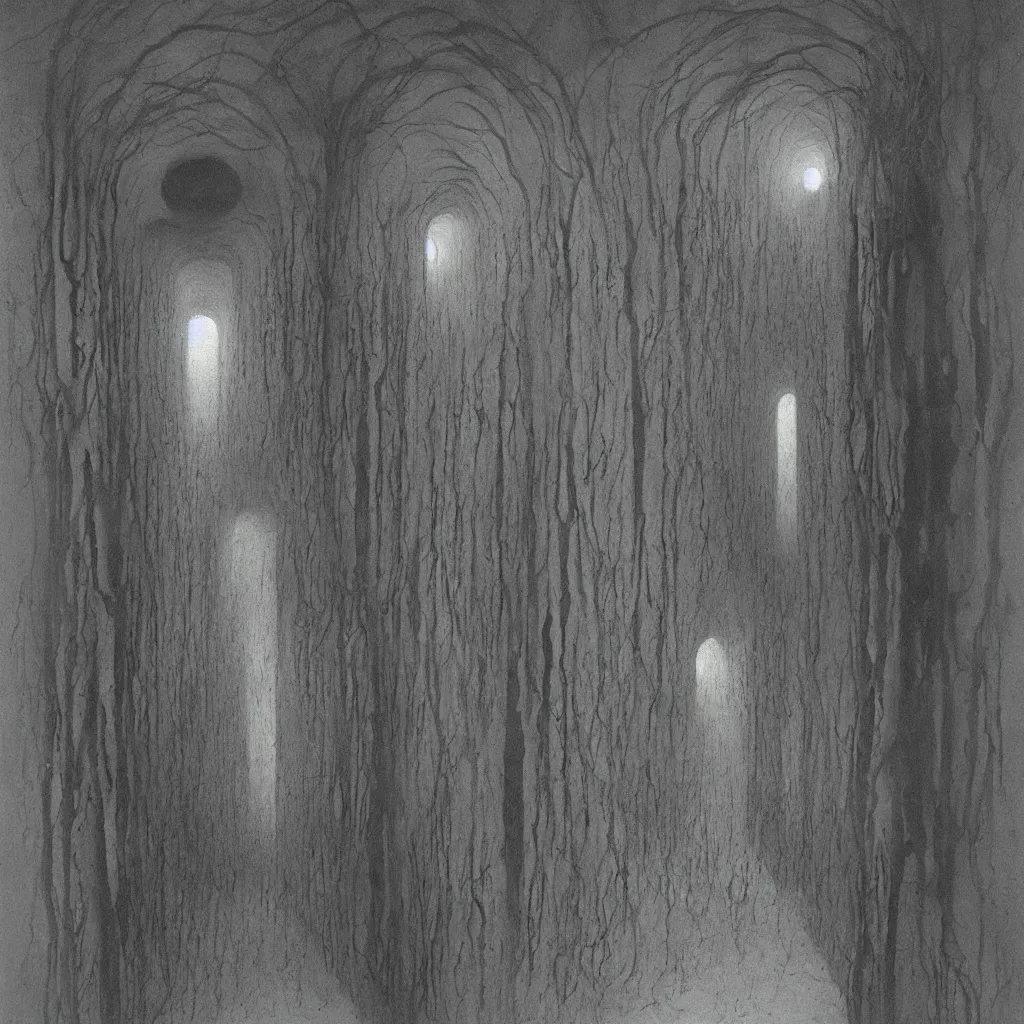 Image similar to laboratory. unsettling. semi - organic. tunnel, doorways. zdzisław beksinski