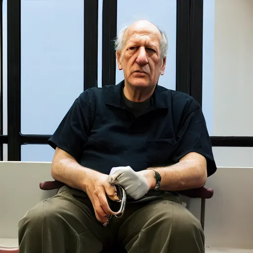 Image similar to werner herzog sits with a pair of bolt cutters in the waiting area of the dmv. wide angle, style of edward hopper, wes anderson, chris ware, award winning, photo realistic, dynamic lighting, very detailed face, 4 k