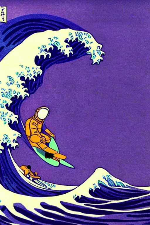 Prompt: a award winning photograph of an astronaut surfing the great wave off kanagawa on a purple surboard