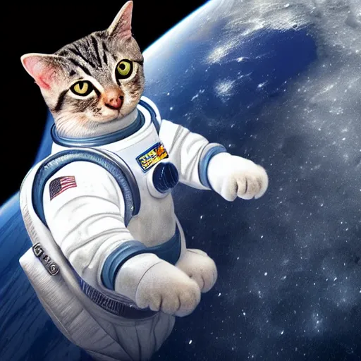 Image similar to a cat astronaut in space looking at the moon